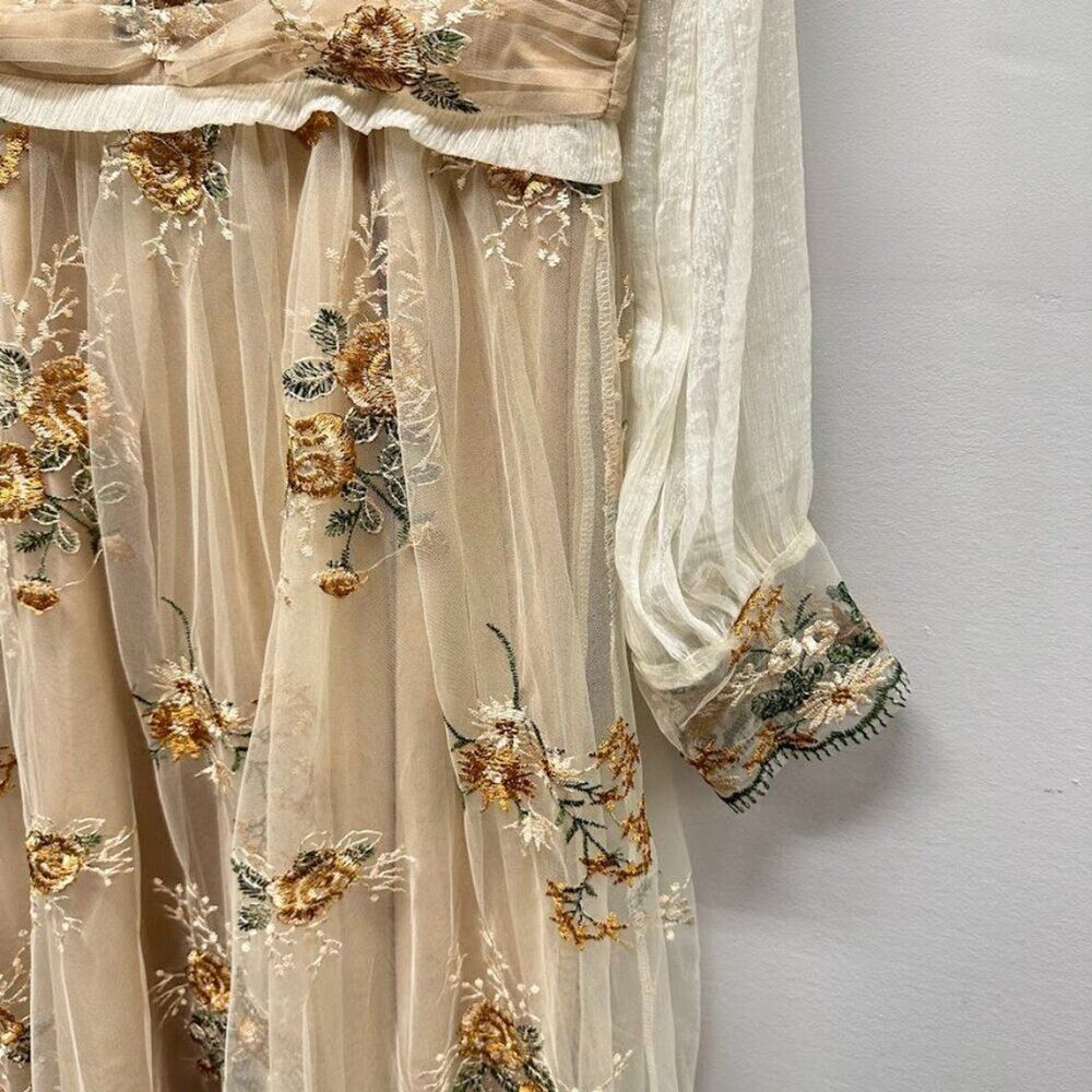 Maizishule Beige Floral Embroidered Midi Dress | Boho Sheer Long Sleeve Size L